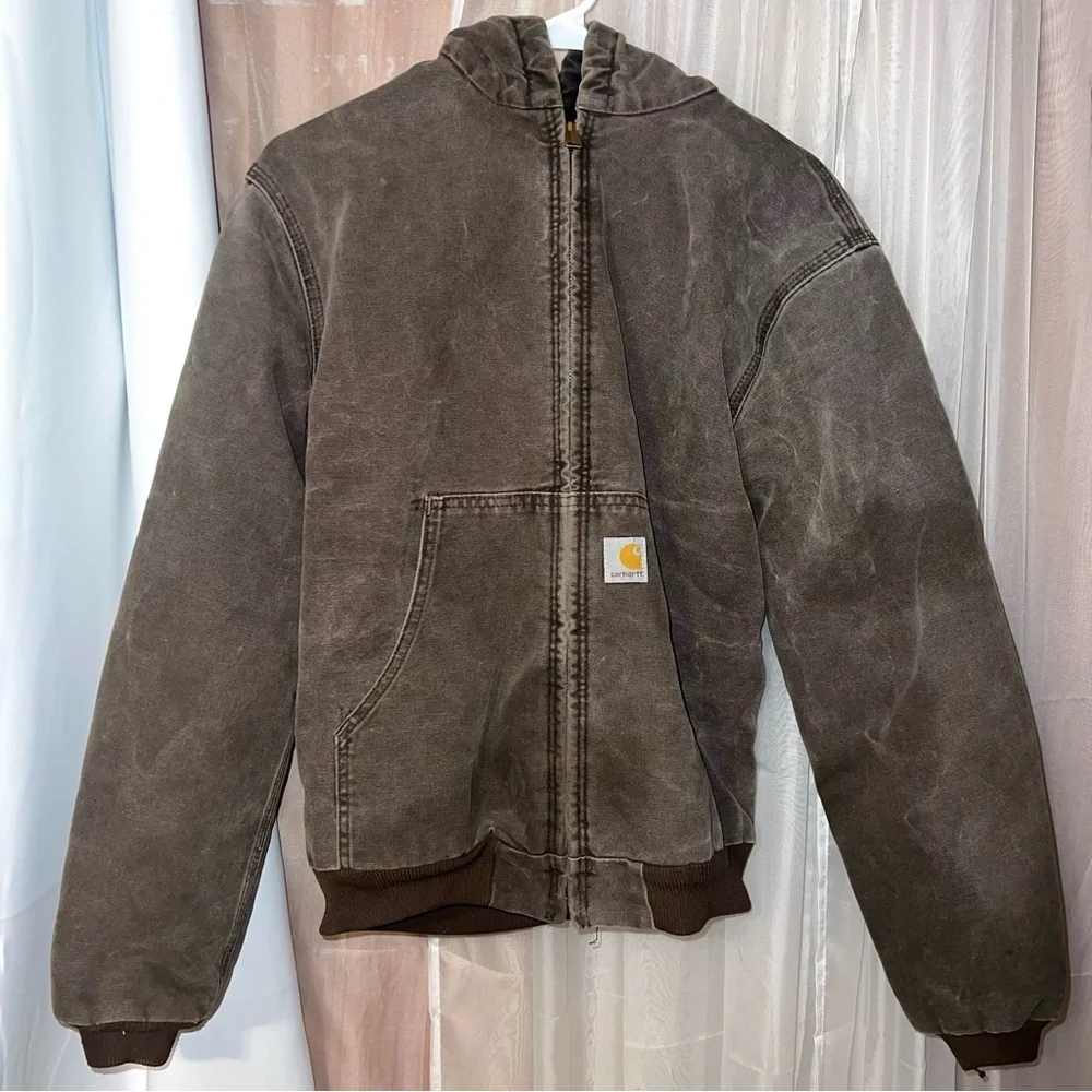 VTG Carhartt Youth YYJ130 DKB Canvas Full Zip Jacket Hooded Chore Work Coat XL - Picture 6 of 8